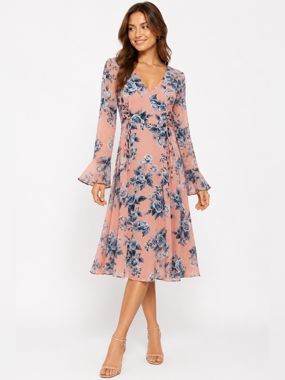 Free People Floral Rose Print Blush Bell Sleeve Midi Dress Size XS